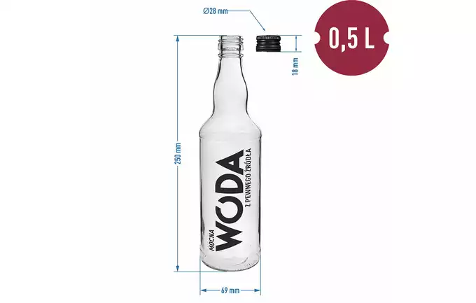 Butelka szklana z zakrętką ''Mocna woda'' 0,5L
